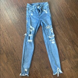 American Eagle Outfitters Blue Skinny Jeans with Distressed Details